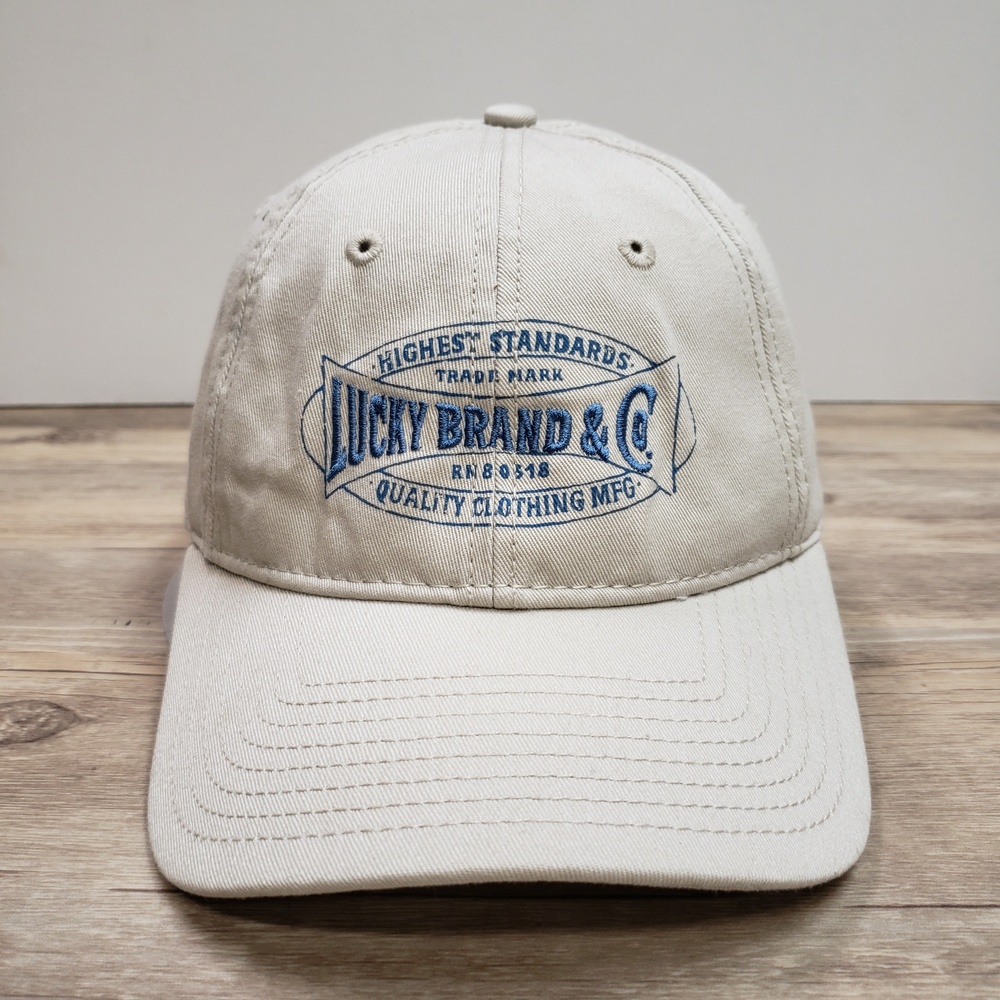 Lucky Brand Hat Cap Strap Back Mens One Size Beige Twill Baseball Embroidered